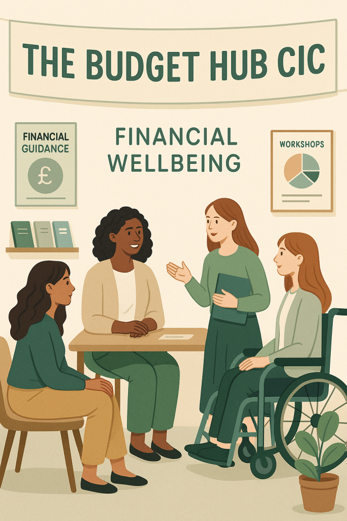 A warm digital illustration showing a diverse group of people connecting in a shared community space, symbolising financial support, inclusivity, and empowerment.